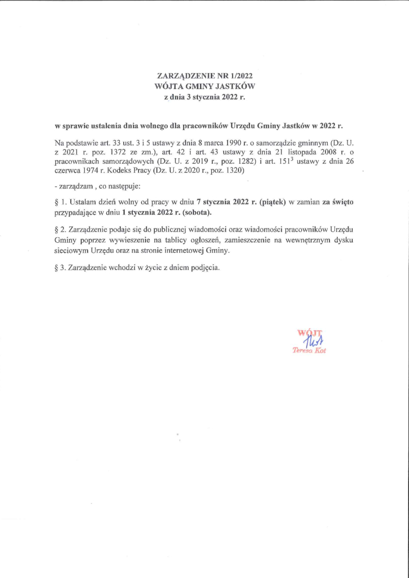 Informacja o zamknięciu Urzędu Gminy Jastków w dniu 7 stycznia 2022 r. 