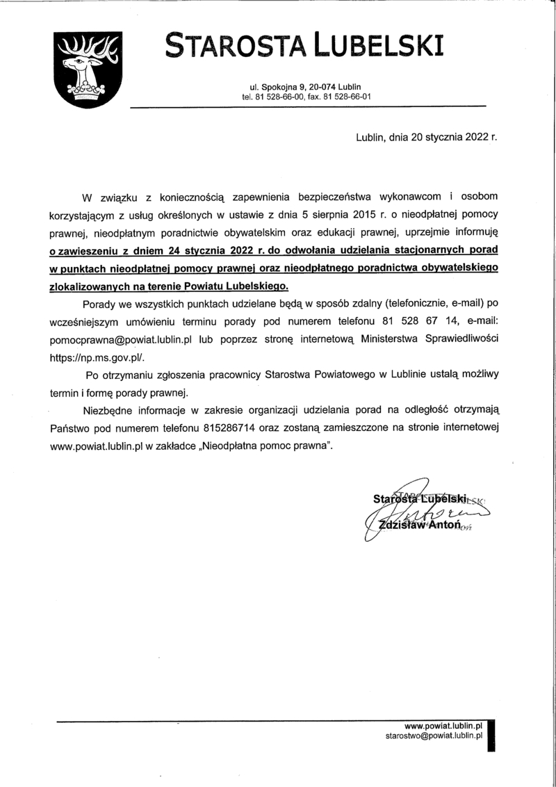 Komunikat Starosty Lubelskiego dotyczący nieodpłatnej pomocy prawnej.
