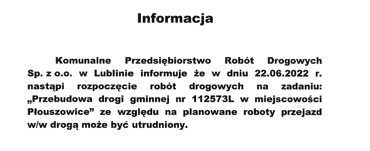 Rozpoczecie robót drogowych na zadaniu: "Przebudowa drogi gminnej nr 112573L w miejscowości Płouszowice"