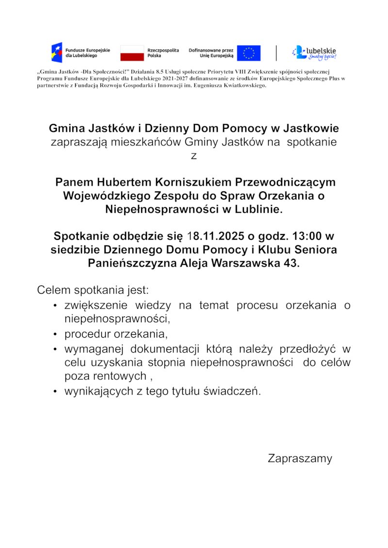 Gmina Jastków i Dzienny Dom Pomocy w Jastkowie zapraszają mieszkańców Gminy Jastków na  spotkanie 
