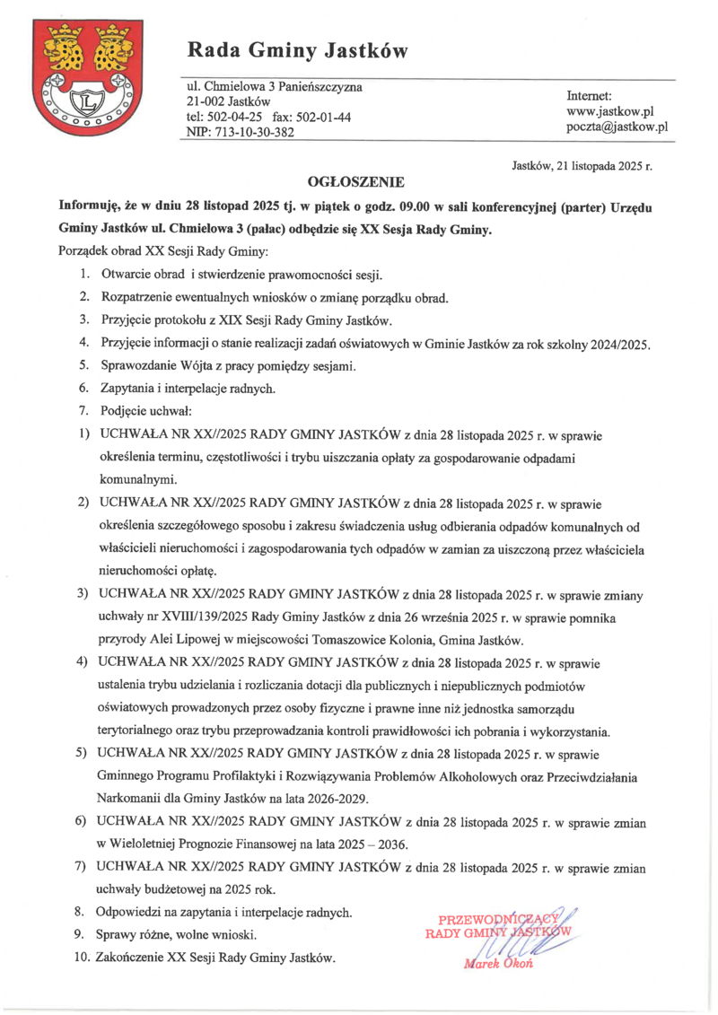 Ogłoszenie o XX Sesji Rady Gminy