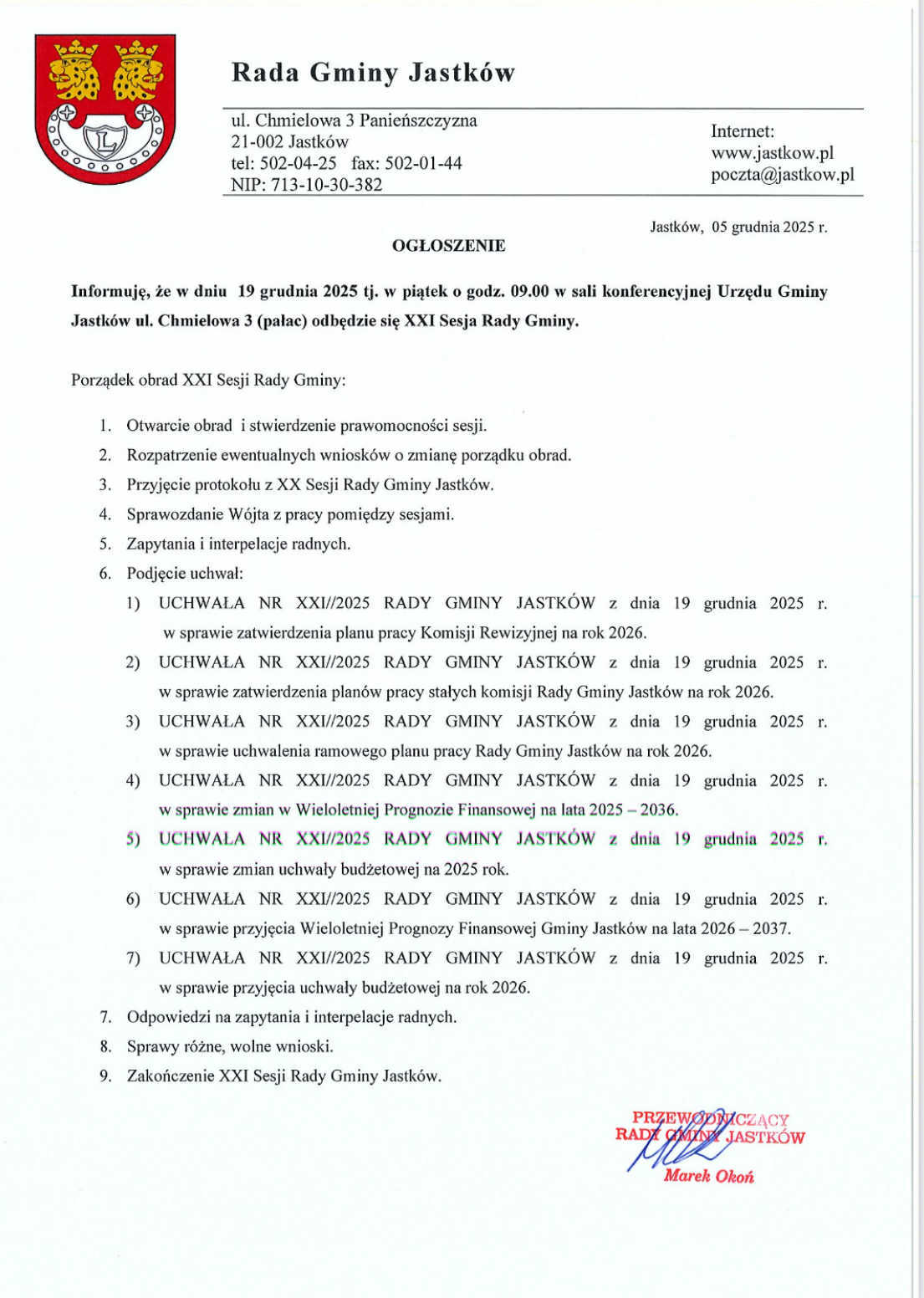 Ogłoszenie o XXI Sesji Rady Gminy