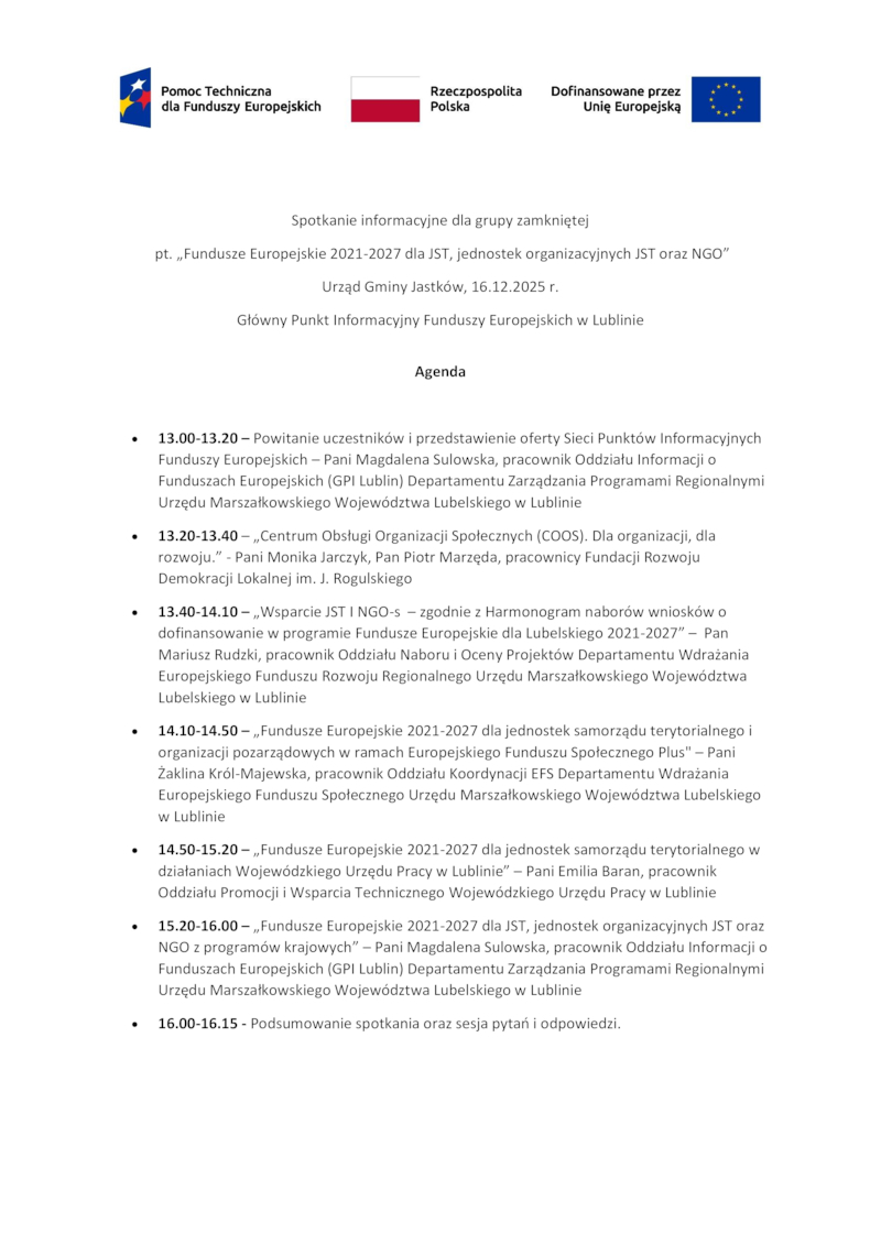 Spotkanie informacyjne dla grupy zamkniętej  pt. „Fundusze Europejskie 2021-2027 dla JST, jednostek organizacyjnych JST oraz NGO”