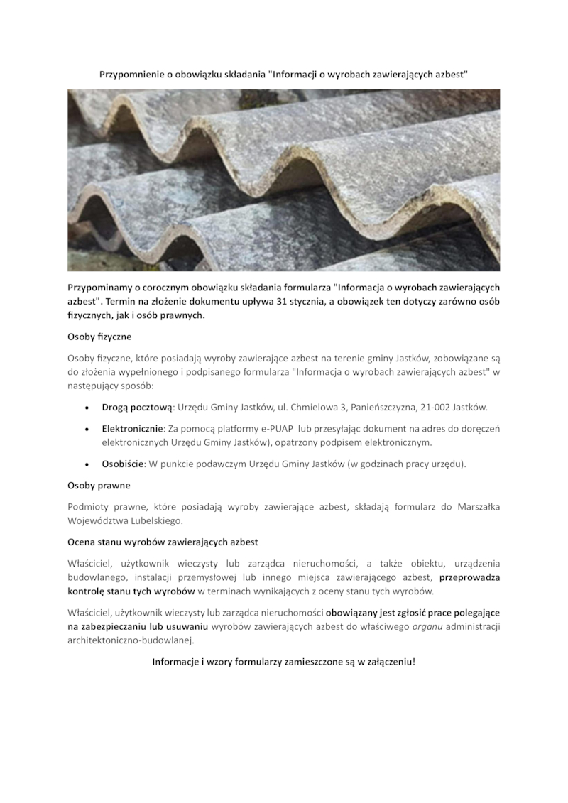 Przypomnienie o obowiązku składania "Informacji o wyrobach zawierających azbest"