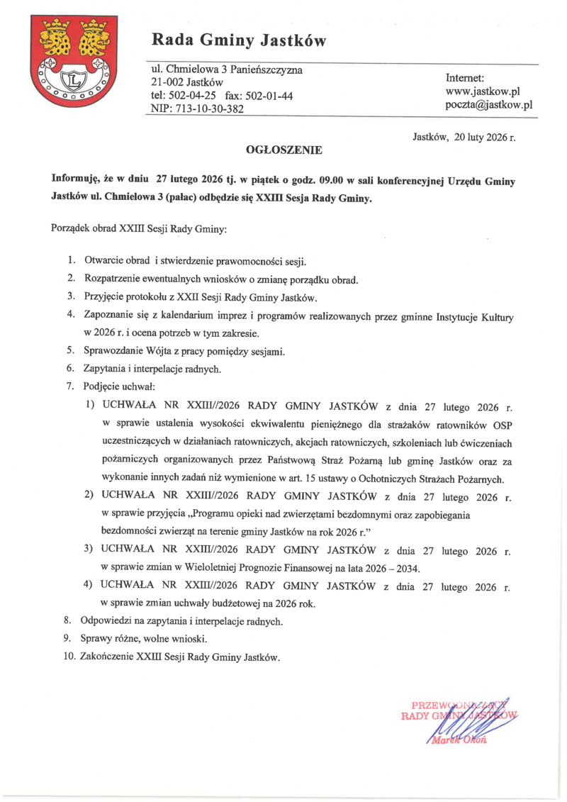 Ogłoszenie o XXIII Sesji Rady Gminy 