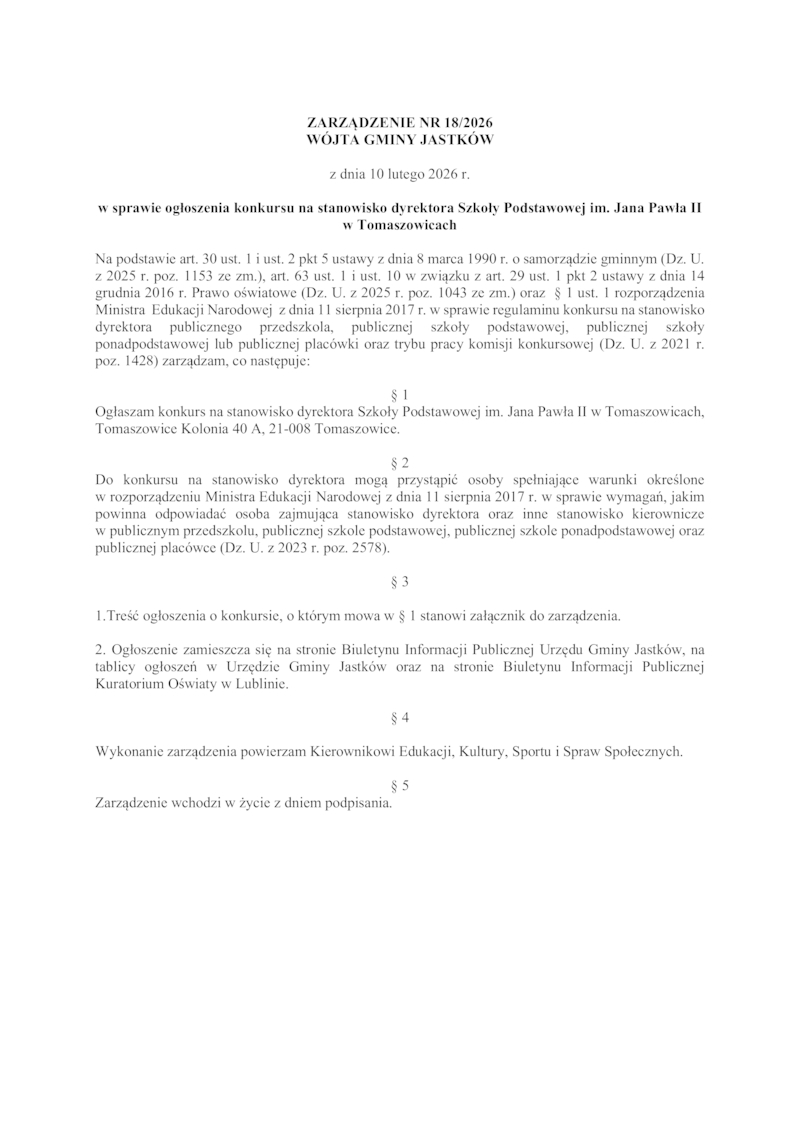 Wójt Gminy Jastków ogłasza konkurs na stanowisko dyrektora 	Szkoły Podstawowej im. 	Jana Pawła II  w Tomaszowicach