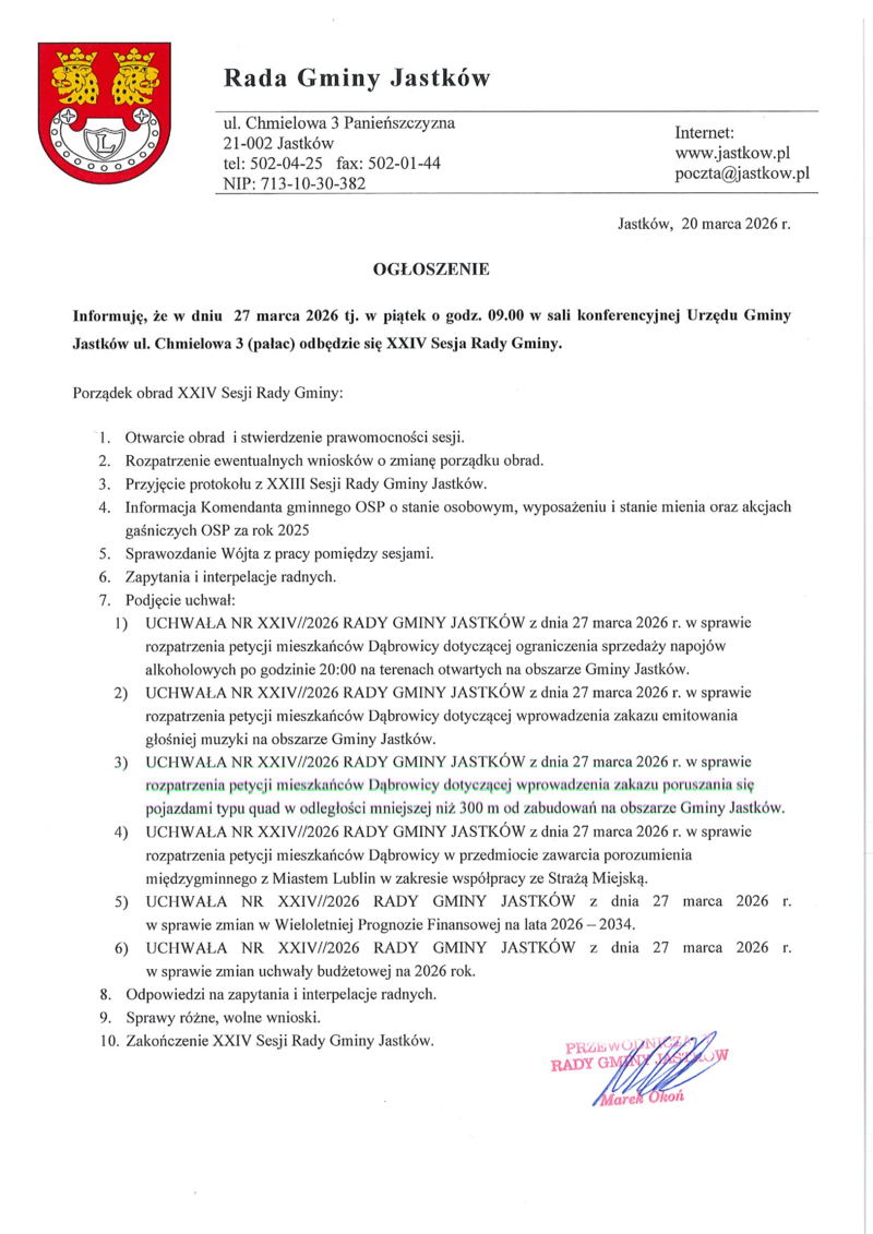 Ogłoszenie o XXIV Sesji Rady Gminy 