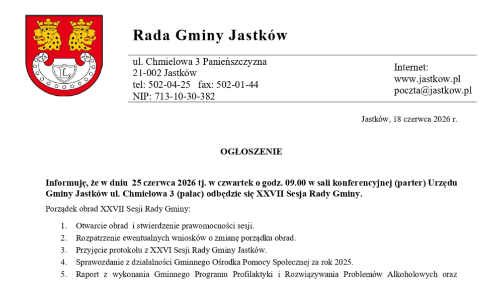Ogłoszenie o XXVII Sesji Rady Gminy 